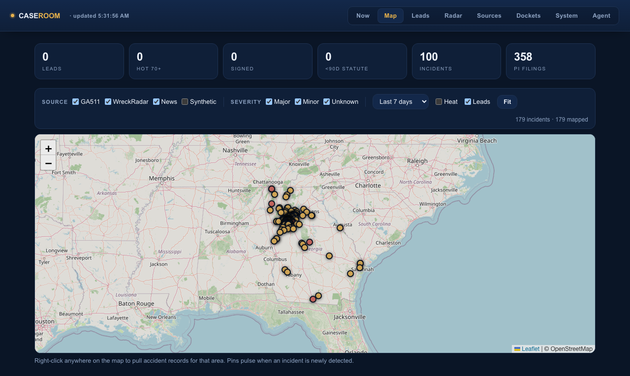 Case Room live incident radar over the Atlanta metro